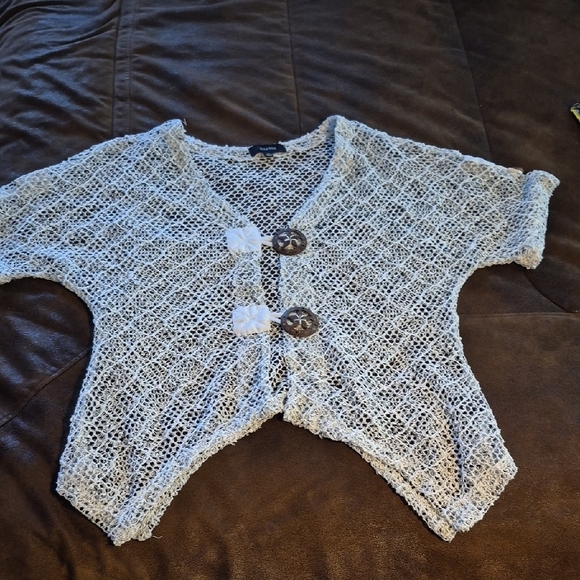 Kaktus Tops - Kaktus White Open-Knit Cardigan with Button Detail